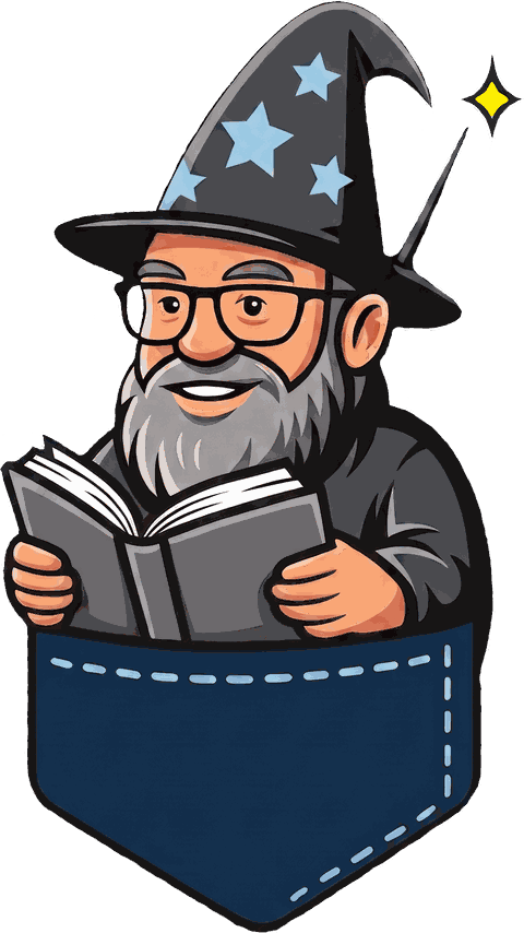 The Pocket Wizard Books mark: an illustrated wizard with a starry hat, reading a book from a shirt pocket